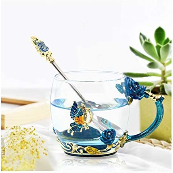 330 ml emalj tekopp glas kaffekopp Handgjord Rose tekopp Vale Blue-short