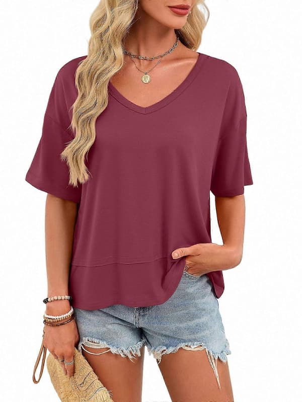 Sommer V-hals kortærmede toppe til kvinder, løse afslappede basis T-shirts i sort Wine red Xl