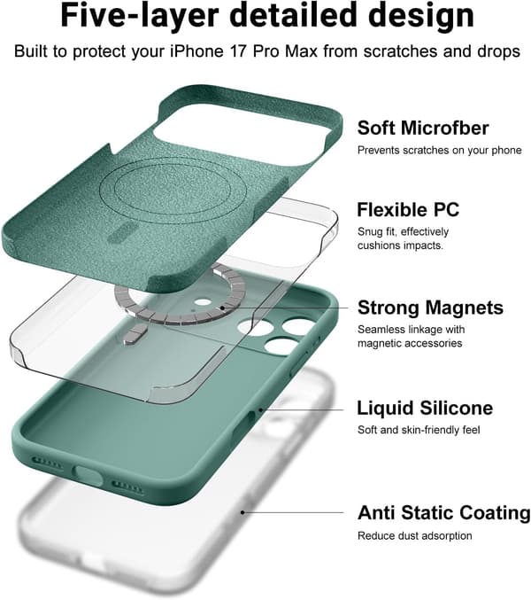 17-inch Mobile Case, Magsafe Compatible, Ultra-thin Case, Soft Liquid Silicone, Shockproof Case (Pine Green, iPhone 17 Pro Max) vert p vert p vert p vert pin iPhone 17 Pro Max