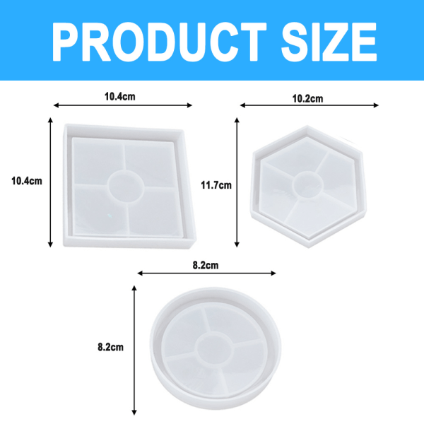 3 stk. Epoxy Resin Coaster Molds Trays Square Circle Hexagon