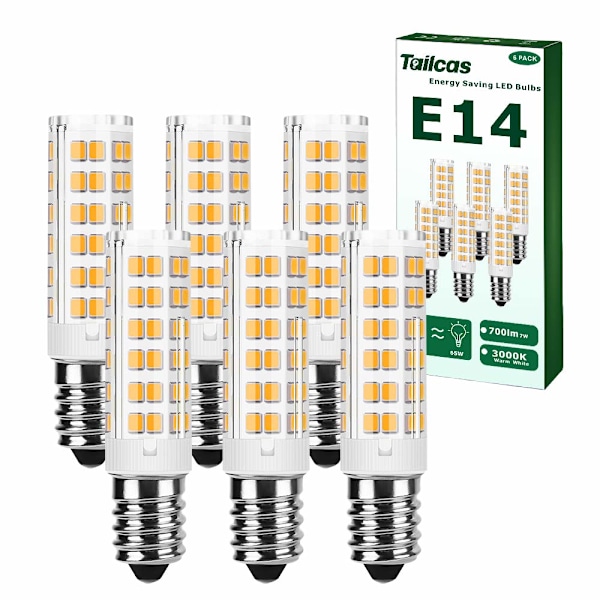 6 E14 LED Bulbs, 7W (65W Halogen Equivalent), Warm White 3000K 700LM, Edison Screw Base, Non-Dimmable, AC 220-240V