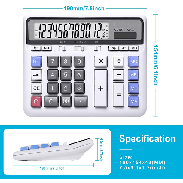 Skrivebords lommeregner solbatteri dobbelt strøm med 12-cifret stor