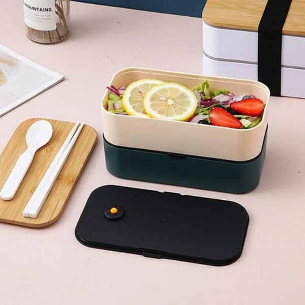 Lunsjboks - Bento Lunsjboks Alt-i-ett, Matboks med Bestikk og Sausbeholdere - Bentoboks for Salater, Snacks, Lunsjboksrom med Tilbehør, Ideell Måltidsforberedelse - Svart