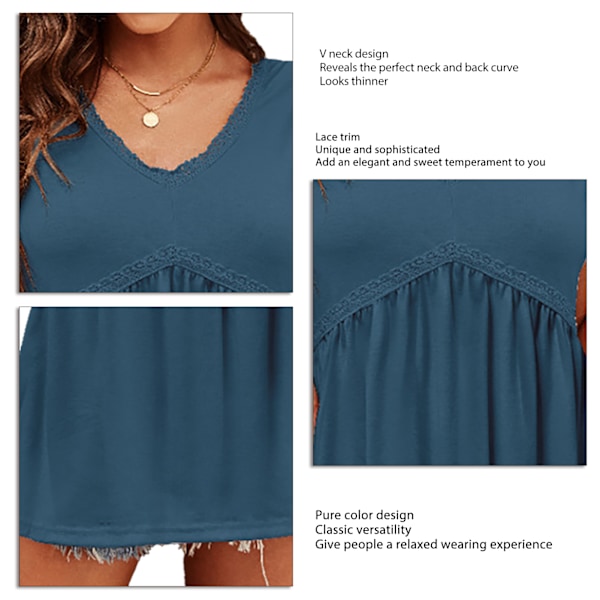 Dam V-ringad Tanktopp med Spetskant Sommar Mode Casual Lös Enfärgad Ärmlös Blus för Dagligen Hemma Resor Purpurblå S