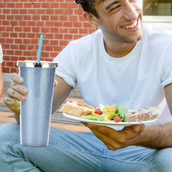 700 ml genanvendelig koldt vand kop plastik kop, dobbeltlags skinnende drikkekop med låg og sugerør