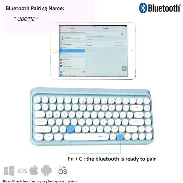 Bärbar Bluetooth Färgglada Dator Tangentbord, Trådlös Mini Kompakt Retro Skrivmaskin Flexibel 84 Tangenter Design Tangentbord (Blå-Vit)
