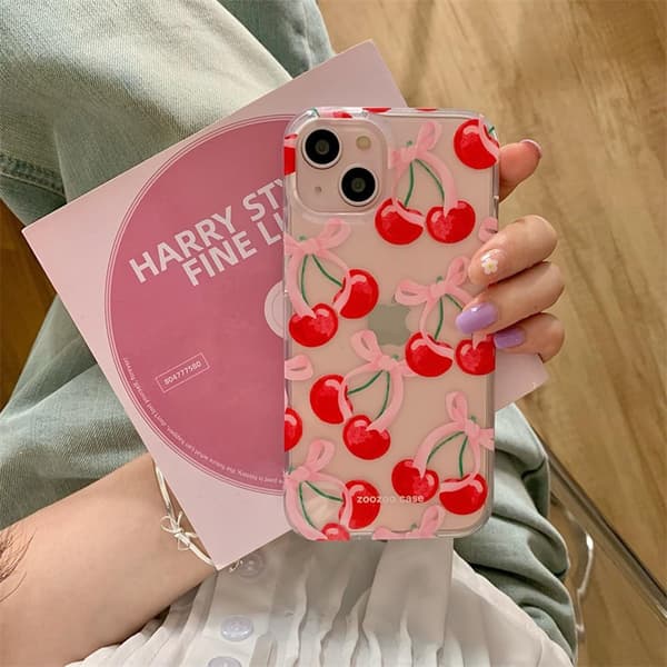 PC-compatible iPhone case, cute cherry bow aesthetic design, soft TPU slim - clear iPhoneX XS