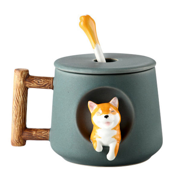 Keramisk kaffekop, 3D Shiba Inu dyremønster kop, interessant trædesignhåndtag og matchende ske, meget velegnet til gaver-420ml.