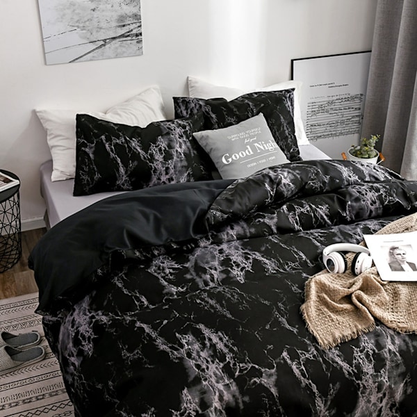 3-delars set Marmorerat Polyester Sängkläder Quiltöverdrag med Kuddfodral AU-Dubbel Storlek (Svart)