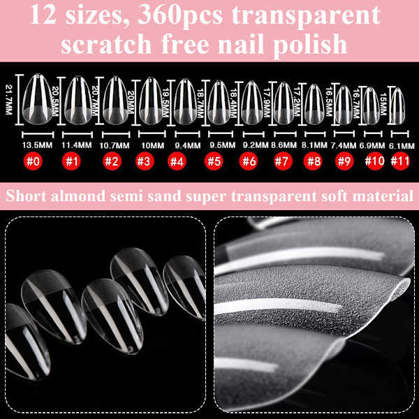 Mandelformede korte negletips, fulddækkende negletips, forformede semi-matte tips negle gelé negletips - 360 stk. 12-størrelser, 4 ark neglelim