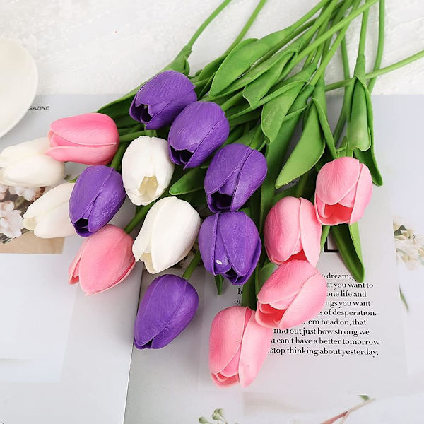 24 Pakke Kunstige Tulipaner Lilla Real Touch Tulipaner Blomster Tulipaner