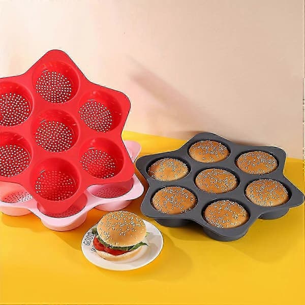 Ny 4-tommers rund hamburger-bageform, 7-huls non-stick fleksibel bakke til hjemmelavede burgerboller, åndbart huldesign