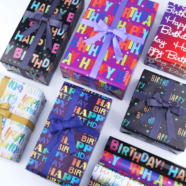 Presentpapper Set, Födelsedagspapper med Gradient Multi Color Grattis på Födelsedagen Textdesign, 6 Ark Presentpapper, Födelsedagspresentpapper