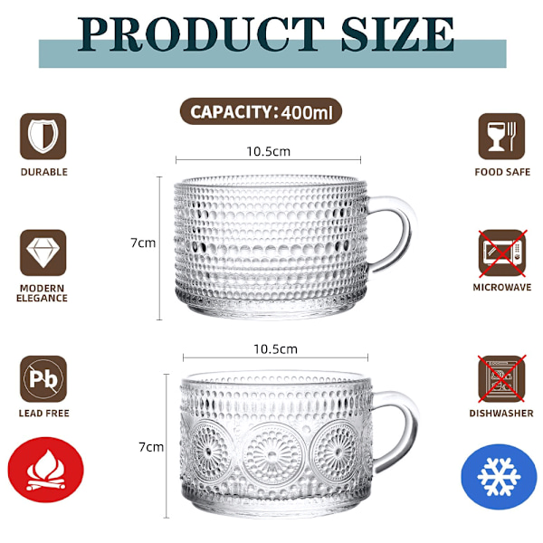 2 st 400 ml Glas Kaffe Muggar Set, Präglade Te Koppar för Cappuccino, Latte, Spannmål, Yoghurt, Dryck
