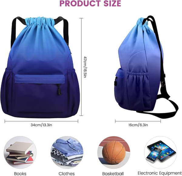 Drawstring Gym Bag, Large Drawstring Bags with Mesh Pockets, Waterproof Nylon Drawstring Bag, Drawstring Gym Bag Cyan