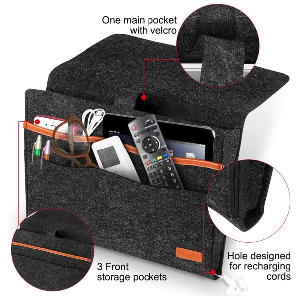 Oppbevaringspose i filt ved nattbord med lommer, praktisk sengesofa skrivebord