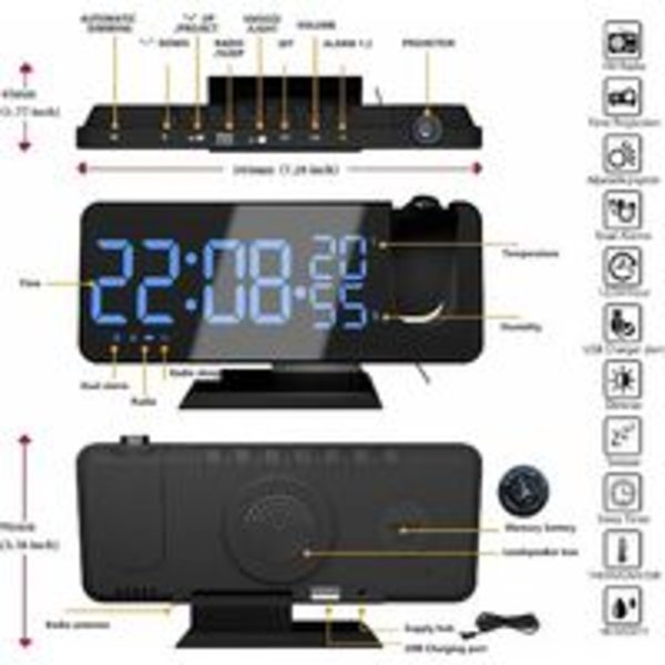 Projektorilla varustettu herätyskello radiolla, digitaalinen kello, herätyskello USB-portilla, 3 säädettävää kirkkaustasoa, torkku ja 15 äänenvoimakkuustasoa, 12/24h, for