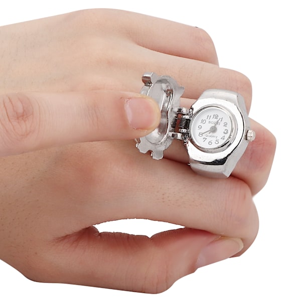 Finger Ring Klocka Flip Up Cover Vintage Uggla Mönster Unixes Finger Quartz Klocka(Svart )