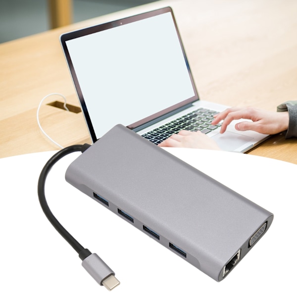 11-in-1 USB-C-keskitin, moniporttisovitin, 4xUSB3.0 HD 4K VGA RJ45 Ethernet PD -lataus 3,5 mm ääni USB-C-telakka-asema