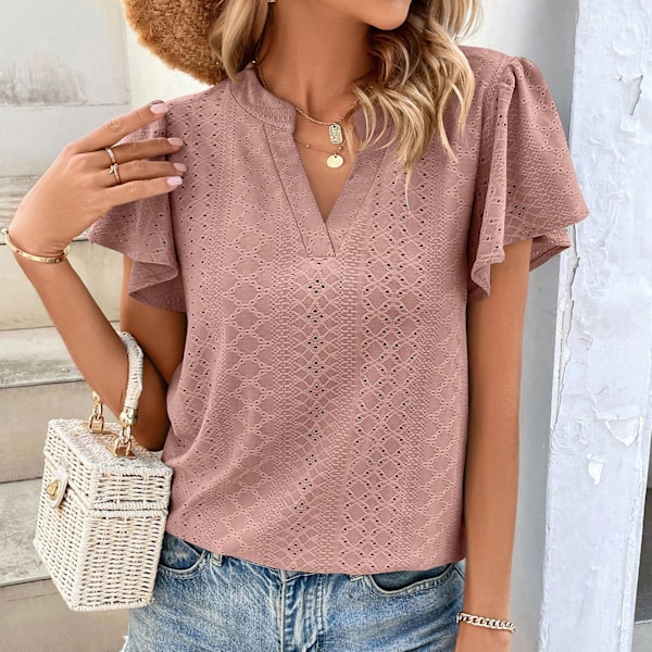 Bønnepasta Pink M Hul Ruffle Ærme Bluse V Halsudskæring Ensfarvet Kortærmet Bluse Top til Kvinder Dame Pige