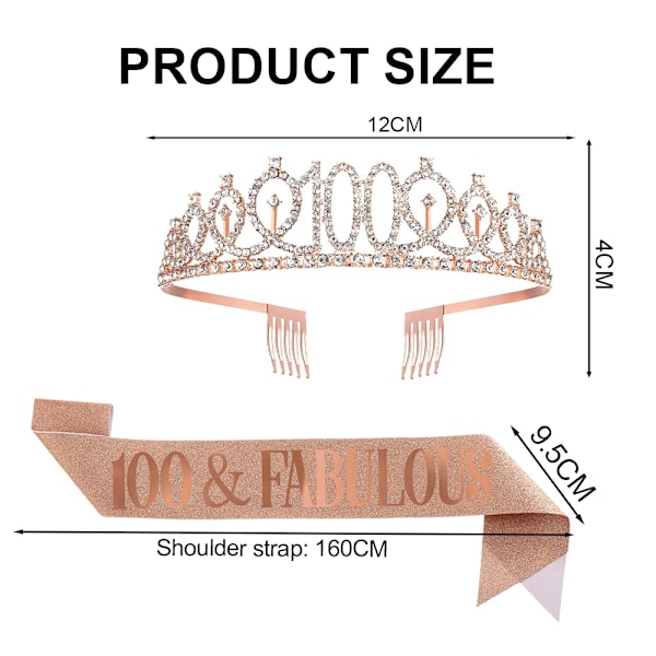 100-års fødselsdagssash og kronehårbånd til kvinder, 100-års fødselsdagsgaver til 100-års fejring, flerfarvet