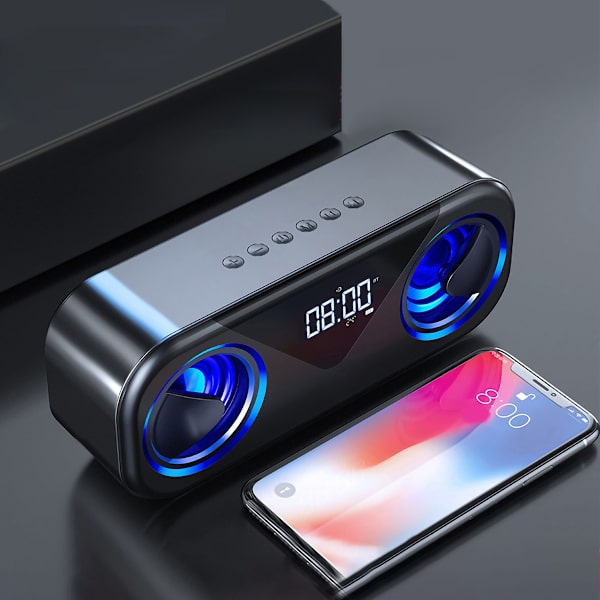 H9 Bluetooth-högtalare Dubbelhögtalare Temperaturdisplay U-disk Uppspelning Trådlös högtalare med väckarklocka för hem och skrivbord Svart