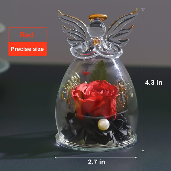 Todellinen ruusu lasikupolissa, säilötty ruusu enkelihahmoilla,