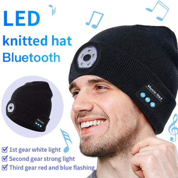 Bluetooth stickad cap, utomhus nattlöpning nattfiske led l black