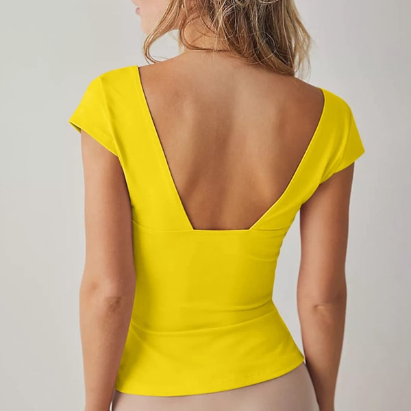 Kortärmad Djup V-ringad Topp Dam Casual Elegant Enfärgad Slim Fit Skjorta för Kontorsarbete Dejting Fluorescerande Gul S