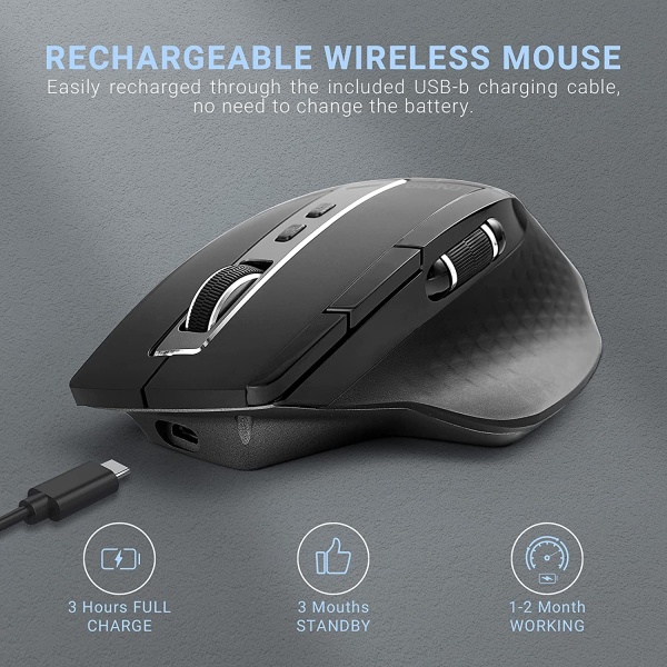 RAPOO trådløs mus, Bluetooth-mus med flere enheter for bærbar datamaskin, trådløs mus opp til 3200 DPI, oppladbar ergonomisk mus med sidehjul, høy