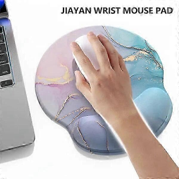 Rund musematte, pudderblå gradient marmormønster, ergonomisk design