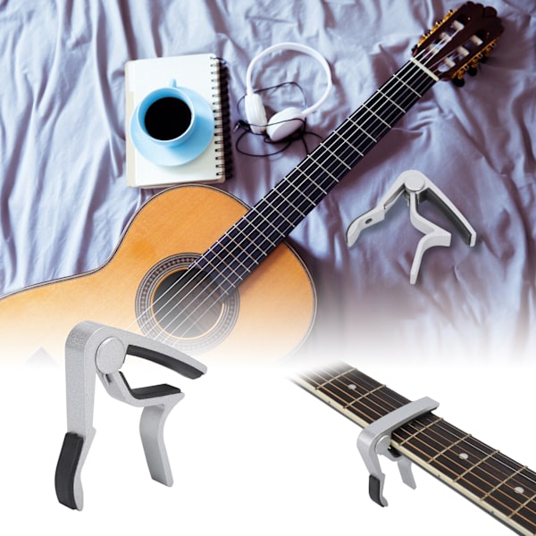1 stk Gitar Capo + 5 stk Celluloid Plektere + Zink Legering Instrument Reparasjonstilbehør (Sølv)