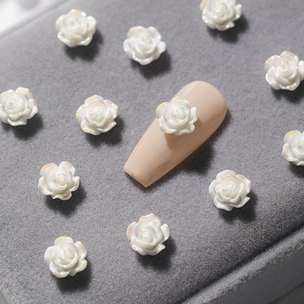 Nail Art 3D Resin Vit Ros Blomdesign Aurora Kronblad Nagel