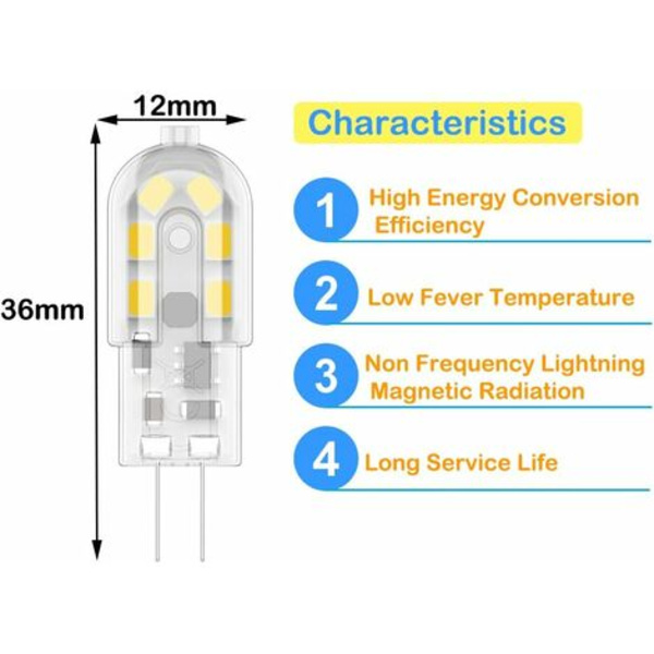 G4 LED-pære 2W, svarende til 20W halogenpærer, varm hvid 3000K, 200Lm, 12x SMD, 12V AC/DC - 10-pak [Energiklasse A+]