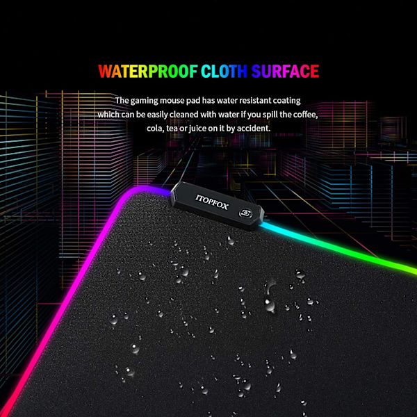 RGB Gaming Musemåtte - Stor og aflang LED Musemåtte, 14 Lystilstande, 2 Lysstyrker, Skridsikker Gummibase, Musemåtte med Vandtæt Belægning