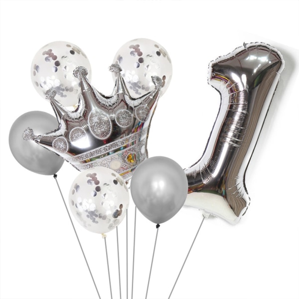 Fødselsdagspynt - nummerballon og kroneballon i sølv, C
