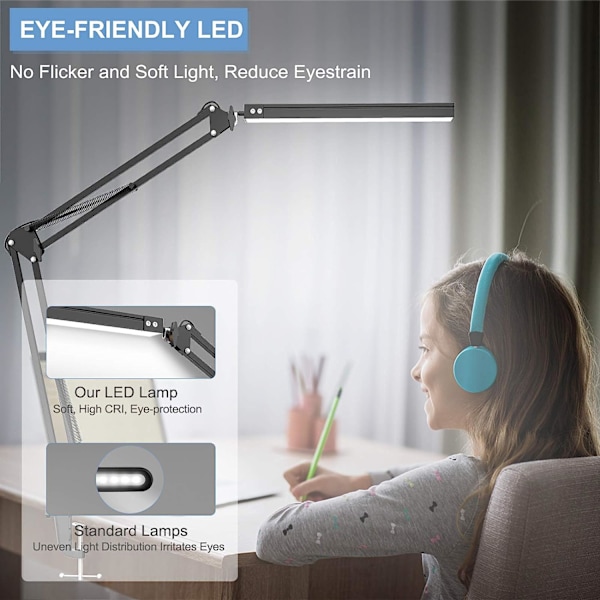 LED-skrivebordslampe med klemme, svingbar skrivebordslampe, justerbart skrivebord