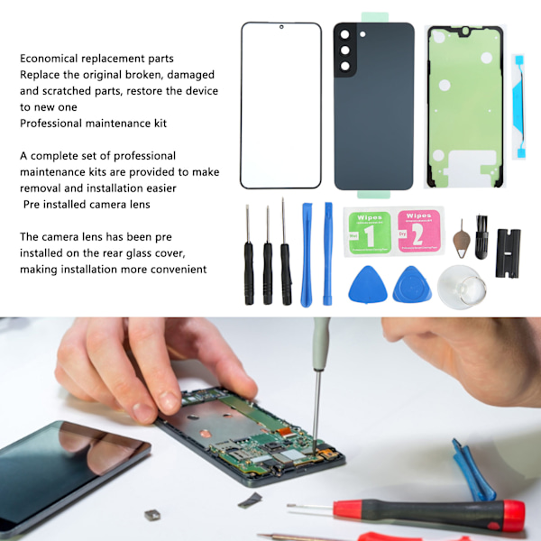 Smartphone Yttre Skärm Baksida Glas Skydd med Kameralins Mobiltelefon Glas Skydd Hölje Dörr Kit för Samsung Galaxy S22 Plus Grå