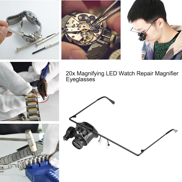 Ur Reparation Enkelt Linse Briller 20x Forstørrelsesglas Lup Juveler Værktøj LED Lys Lupe