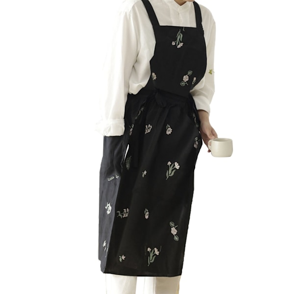 Cooking Apron Flower Embroidery Waterproof Wear Resistant Baking Apron for Coffee Shop Home Black