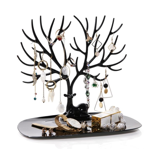 Halskædeholder, armbåndsstativ / smykkearrangør / smykketræ, dekorative hjortegevirer, trædesign (2 stk., sort + hvid)