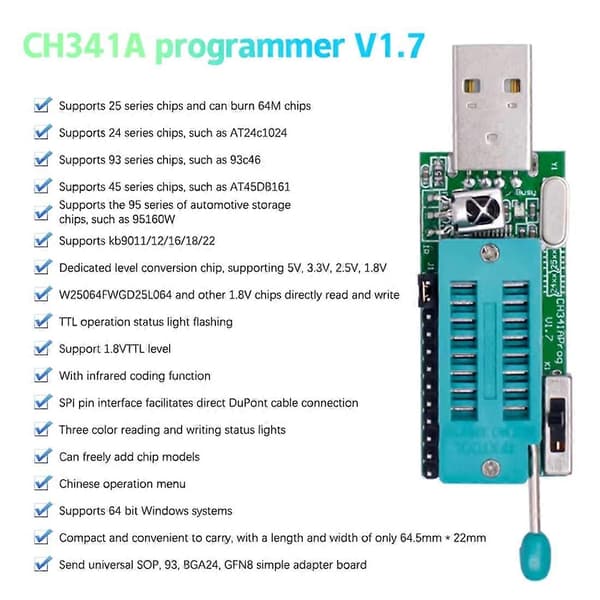 CH341A Programmer V1.7 1.8V Niveauskift W25Q64FW W25Q128FW Gd25LQ64 Programmeringsmodul m/adapterkort