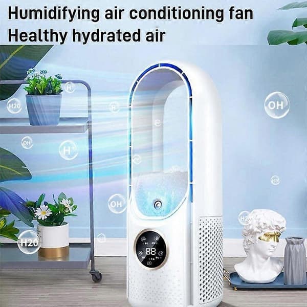 Bord Bladløs Befugtning Elektrisk Ventilator Seks Gear Justerbar med LED Lys Timerfunktion White