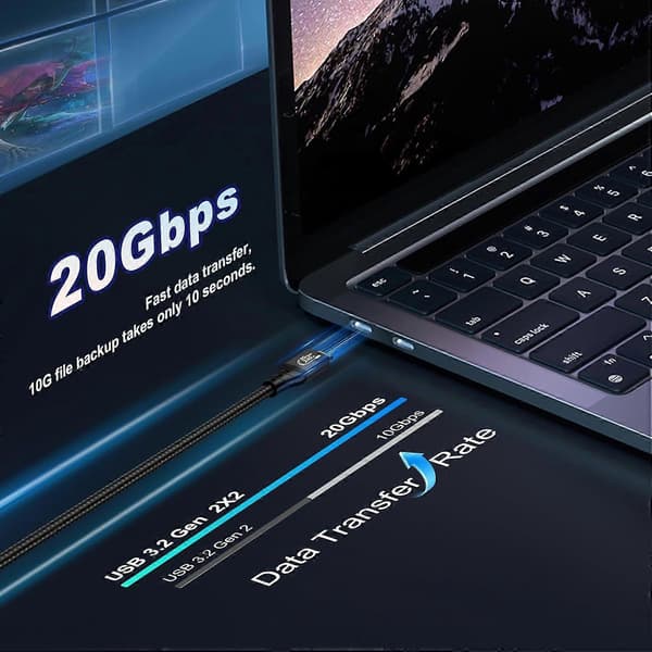 ZIKNYDO USB-C till USB-C bildskärmskabel 2m, USB-C 3.2 20Gbps dataöverföring, stöder 8K@30Hz, 4K@60Hz/144Hz video, 240W 48V/5A