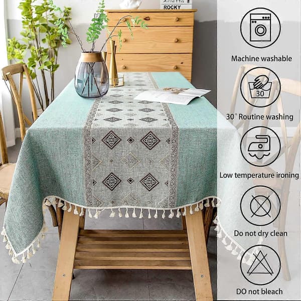 Rektangulär bordsduk i bomullslinne, bordsduk med fyrkantiga sömmar och tofsdesign