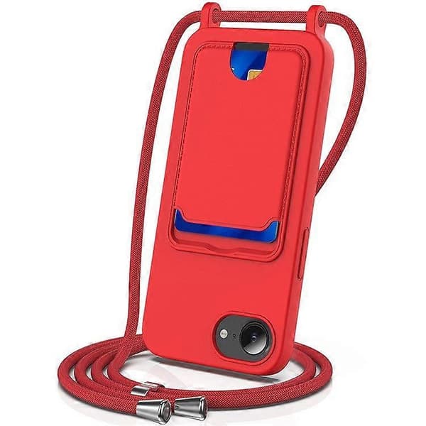 For iPhone 16e Deksel Flytende Silikon Kortholder Bakside Telefonbeskyttelse med Snor Red