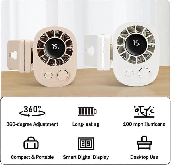 Bil Clip-on Ventilator med LED Display - 360° Rotation, Justerbar Hastighedsventilator Apricot