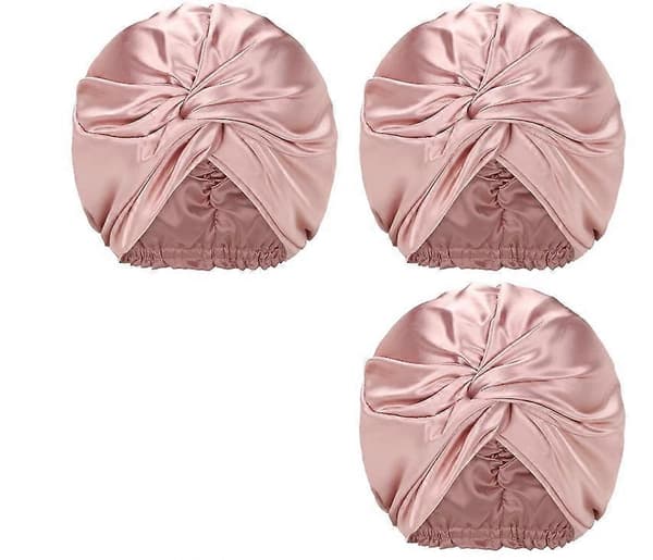 Sovehætte - 3 stk. - Satin Bonnet - Hårnet - Hårbånd - Hårhætte - 23*26cm - Lys Pink - Polyester - Hårpleje - Elastisk - Til Kvinder