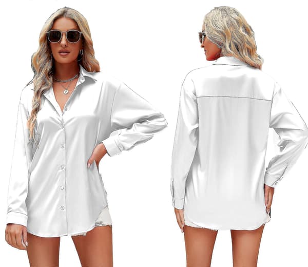 Satinbluse til kvinder med V-hals og knapper, afslappet langærmet damebluse til arbejde
