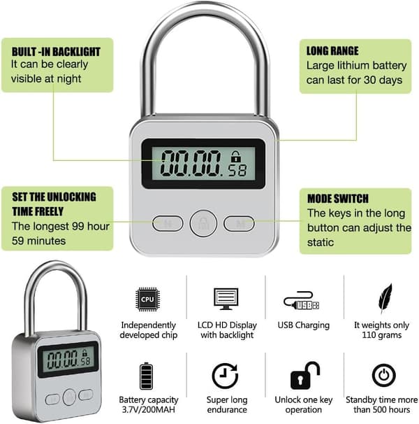 2025 Latest Model Digital Time Lock, Time Lock with Rope and LCD Display, USB Rechargeable Intelligent Time Lock, Time Lock Padlock for Co